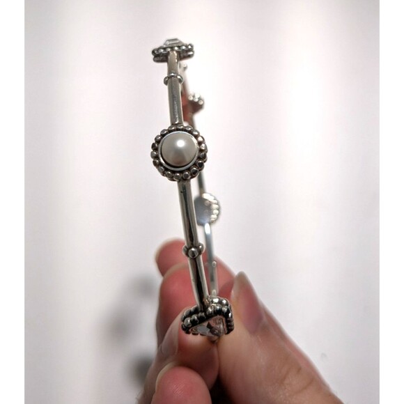Brighton Silver Hinged Bangle Bracelet w/ Rhinestones Faux Pearls - Picture 4 of 6